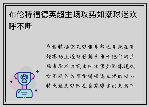 布伦特福德英超主场攻势如潮球迷欢呼不断