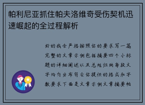 帕利尼亚抓住帕夫洛维奇受伤契机迅速崛起的全过程解析